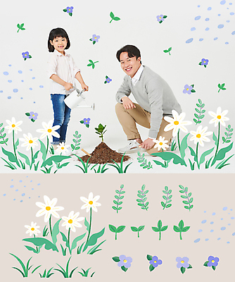 전신 PSD 편집이미지 여자 남자 꽃 어린이 스티커 포토일러 서기 들기 소녀 성인 두명 30대 새싹 흙 봄 물뿌리개 회색 들꽃 한국인 풀 무릎꿇기 오브젝트 물주기 식물심기 부녀 이미지편집 식물 계절 딸 컬러 가족 모션 사람 동양인 장년 아빠 심기 파일형식