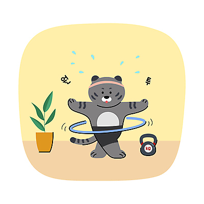 한마리 화분 다이어트 일러스트 새해 서기 사람없음 운동 건강관리 호랑이 호랑이캐릭터 훌라후프 케틀벨 홈트레이닝 흑호 국내일러스트 AI파일 1 동물캐릭터 포유류 모션 건강 관리 파일형식 벡터