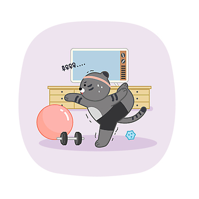 한마리 다이어트 일러스트 요가 새해 선반 사람없음 건강관리 보라색 헬스 텔레비전 아령 호랑이 짐볼 호랑이캐릭터 다리들기 코어운동 홈트레이닝 흑호 거실장 국내일러스트 AI파일 1 웰빙 컬러 동물캐릭터 가구 포유류 모션 건강 관리 전자제품 운동 파일형식 벡터