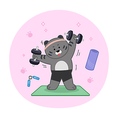 한마리 분홍색 다이어트 일러스트 새해 서기 들기 사람없음 건강관리 헬스 아령 매트 호랑이 호랑이캐릭터 악력기 폼롤러 홈트레이닝 흑호 국내일러스트 AI파일 1 컬러 동물캐릭터 포유류 모션 건강 관리 운동 파일형식 벡터