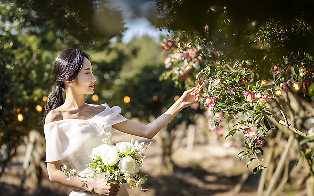 포토 JPG 주간 응시 여자 신부 부케 웨딩드레스 결혼 한명 미소 들기 상반신 20대 성인 야외 앞모습 아웃포커스 제주도 만지기 한국인 소프트포커스 동백 동백나무 성인여자한명만 웨딩촬영 국내포토 자연요소 나무 1 시선 드레스 꽃 뷰포인트 꽃다발 모션 한국 촬영기법 표정 사람 동양인 이벤트 청년 기념사진 여자한명만 성인여자만 파일형식