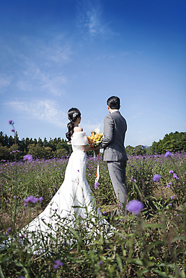 포토 JPG 주간 전신 여자 남자 웨딩드레스 결혼 꽃밭 하늘 사랑 서기 들기 정장 턱시도 20대 성인 야외 두명 뒷모습 30대 제주도 한국인 신랑신부 성인만 웨딩촬영 국내포토 자연요소 드레스 옷 꽃 감정 신부_웨딩 뷰포인트 신랑 모션 한국 사람 동양인 이벤트 청년 장년 기념사진 파일형식