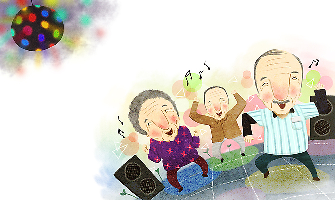 전신 PSD 여자 할아버지 노년 남자 할머니 음표 일러스트 팔벌리기 웃음 세명 스피커 무대 춤 즐거움 클럽 미러볼 고령화 노인만 국내일러스트 기호 감정 음악 음향기기 모션 문화예술 표정 사람 성인 장식 사회이슈 성인만 파일형식