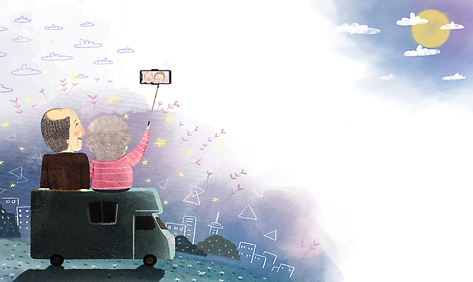 PSD 구름 여자 할아버지 노년 남자 행복 할머니 여행 야경 데이트 일러스트 밤하늘 휴식 웃음 들기 앉기 상반신 두명 건물 스마트폰 노부부 캠핑 보름달 야간 셀프카메라 즐거움 캠핑카 고령화 셀카봉 노인만 국내일러스트 자연요소 건축물 부부 감정 컨셉 모션 자동차 하늘 레저 표정 사람 성인 핸드폰 스마트기기 사진촬영 달 사회이슈 성인만 파일형식 풍경_경치