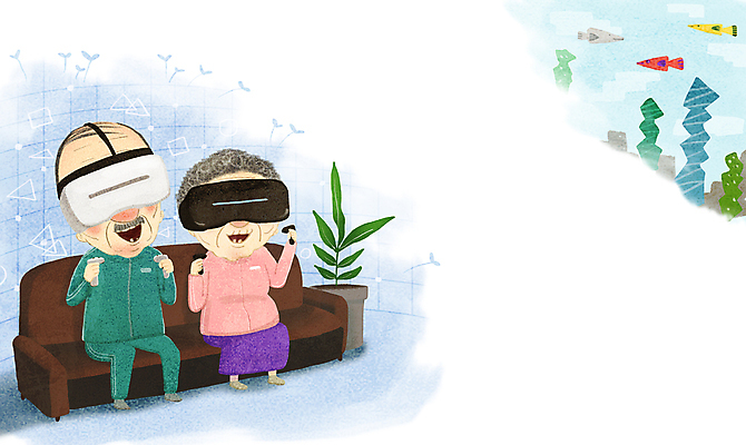 전신 PSD 여자 할아버지 노년 남자 행복 화분 할머니 바다 일러스트 어류 들기 앉기 두명 소파 바닷속 게임 체험 해초 즐거움 가상공간 고령화 치매 가상현실 노인만 VR기기 치매예방 국내일러스트 감정 컨셉 의자 모션 놀이 사람 성인 수중 수중동물 기계 해조류 질병 사회이슈 예방 성인만 파일형식