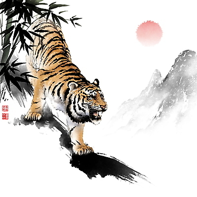 PSD 한마리 일러스트 캘리그라피 붓터치 새해 산 사람없음 태양 외침 호랑이띠 호랑이 대나무 동양화 언덕 번짐 낙관 포효 2022년 임인년 국내일러스트 자연요소 나무 1 포유류 미술 소리 십이지신 연도 파일형식 효과