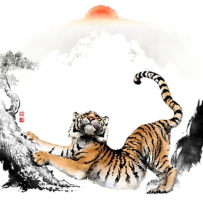 PSD 한마리 응시 일러스트 캘리그라피 붓터치 새해 산 사람없음 태양 일출 올려보기 소나무 호랑이띠 호랑이 동양화 번짐 낙관 2022년 긁기 임인년 국내일러스트 자연요소 나무 1 시선 포유류 모션 미술 노을 십이지신 연도 파일형식 효과