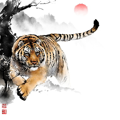 PSD 한마리 응시 일러스트 캘리그라피 붓터치 새해 사람없음 태양 일출 소나무 호랑이띠 호랑이 동양화 번짐 낙관 넘기 2022년 임인년 국내일러스트 자연요소 나무 1 시선 포유류 모션 미술 노을 십이지신 연도 파일형식 효과