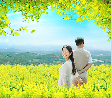 PSD 편집이미지 커플 여자 남자 데이트 자연 하늘 휴식 나뭇잎 산 웃음 상반신 20대 성인 두명 손잡기 봄풍경 봄 한국인 뒤돌아보기 유채 화사함 성인만 이미지편집 계절 꽃 컨셉 잎 관계 모션 표정 사람 동양인 풍경 청년 생태계 파일형식