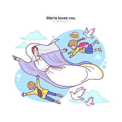 전신 구름 모자 여자 남자 어린이 여행 하늘색 일러스트 하늘 책가방 함께함 세마리 소녀 소년 성인 세명 유치원생 천주교 비행 가리킴 비둘기 유치원복 마리아 국내일러스트 AI파일 자연요소 잡화 옷 종교 컨셉 가방 조류 3 사람 손짓 파란색 파일형식 벡터