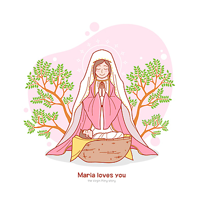 전신 나무 여자 분홍색 일러스트 성인 두명 눕기 바구니 눈감음 천주교 기도 아기 축복 무릎꿇기 천 손모으기 마리아 여자만 국내일러스트 AI파일 식물 종교 컬러 컨셉 모션 사람 손짓 직물 파일형식 벡터