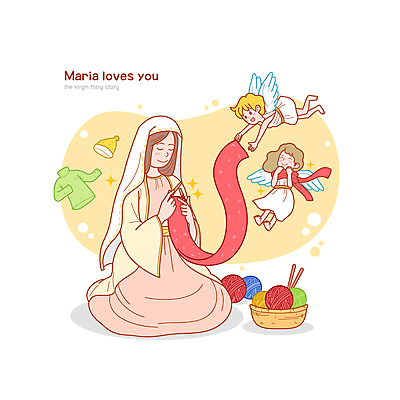 전신 여자 남자 어린이 일러스트 천사 털모자 따뜻함 들기 앉기 소녀 소년 성인 세명 노란색 바구니 눈감음 목도리 천주교 비행 뜨개질 털실 터틀넥 마리아 나눔 천사날개 대바늘 목도리짜기 국내일러스트 AI파일 모자_잡화 잡화 종교 컬러 날개 모션 사람 취미 실 스웨터 파일형식 벡터