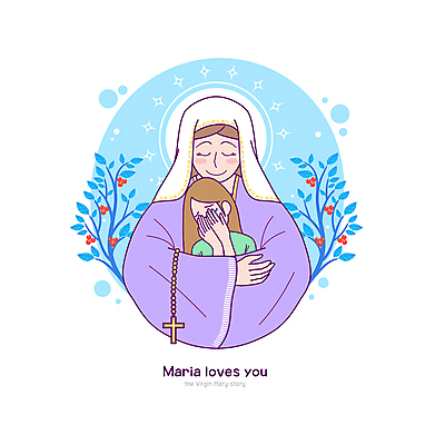 나무 여자 열매 하늘색 십자가 일러스트 포옹 미소 상반신 성인 두명 눈감음 천주교 슬픔 눈물 마리아 묵주 후광 얼굴가리기 위로 공감 성인여자만 국내일러스트 AI파일 식물 감정 종교 종교용품 안기 모션 표정 사람 파란색 빛 가림 여자만 성인만 파일형식 벡터