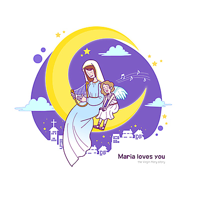 전신 구름 여자 별 어린이 연주 음표 일러스트 노래 밤하늘 천사 함께함 앉기 소녀 성인 두명 건물 교회 눈감음 보라색 천주교 도시 야간 초승달 하프 마리아 천사날개 여자만 국내일러스트 AI파일 자연요소 건축물 기호 종교 음악 컬러 컨셉 날개 종교건축 모션 하늘 현악기 사람 달 파일형식 벡터