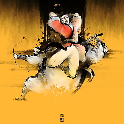 전신 PSD 남자 무기 일러스트 캘리그라피 붓터치 화살 들기 상반신 성인 세명 점프 무도 칼 한복 동양화 활 번짐 낙관 무도인 전통무예 성인남자만 국내일러스트 한국전통 스포츠 모션 미술 사람 무도_무술 전통의상 남자만 성인만 파일형식 효과