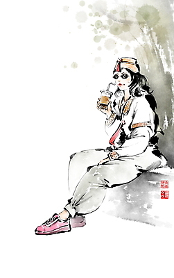 전신 PSD 여자 패션 커피 벤치 일러스트 캘리그라피 붓터치 빨대 한명 들기 앉기 성인 선글라스 마시기 한복 동양화 퓨전 번짐 낙관 조바위 인물화 성인여자한명만 국내일러스트 1 한국전통 안경 음료 의자 모션 전통소품 미술 사람 전통의상 그림 여자한명만 성인여자만 파일형식 효과