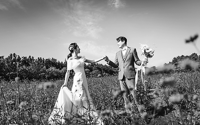 포토 JPG 주간 전신 응시 여자 남자 부케 웨딩드레스 결혼 하늘 흑백 사랑 서기 들기 정장 턱시도 20대 성인 야외 두명 앞모습 30대 제주도 마주보기 손잡기 한국인 신랑신부 성인만 웨딩촬영 국내포토 자연요소 시선 드레스 옷 감정 신부_웨딩 뷰포인트 꽃다발 신랑 모션 한국 촬영기법 사람 동양인 이벤트 청년 장년 기념사진 파일형식