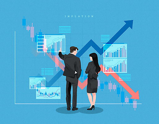 전신 여자 남자 화살표 하늘색 일러스트 그래프 서기 정장 성인 두명 팔짱 가리킴 시세 비즈니스맨 비즈니스우먼 비교 주식 하락 분석 주머니손 상승 주식표 얼굴없음 성인만 인플레이션 국내일러스트 AI파일 옷 컨셉 비즈니스 모션 사람 손짓 금융 경제 파란색 직장인 파일형식 벡터