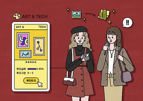 PSD 여자 말풍선 일러스트 모바일 들기 상반신 성인 두명 빨간색 스마트폰 놀람 느낌표 그림 작품 통장 투자 예술품 커서 수익 온라인 공유 투자자 성인여자만 공동구매 MZ세대 아트테크 국내일러스트 기호 감정 컬러 비즈니스 모션 표정 미술 사람 금융 경제 핸드폰 스마트기기 구매 재테크 세대 여자만 성인만 파일형식