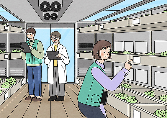 전신 PSD 여자 남자 농업 일러스트 관리 서기 들기 상반신 성인 세명 농작물 태블릿 농사 가리킴 연구원 양배추 온실 성인만 스마트팜 국내일러스트 직업 산업 채소 모션 사람 손짓 전자제품 스마트기기 농장 파일형식