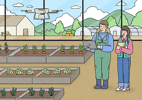 전신 PSD 여자 남자 농업 일러스트 관리 서기 들기 성인 두명 노트북 농작물 태블릿 농사 당근 농부 연구원 양배추 드론 성인만 스마트팜 국내일러스트 직업 산업 채소 모션 뿌리채소 사람 전자제품 스마트기기 농장 파일형식