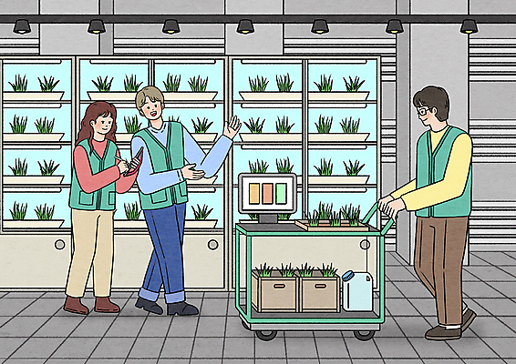 전신 PSD 여자 남자 농업 일러스트 관리 서기 들기 성인 세명 농작물 태블릿 모니터 농사 수레 기록 연구원 온실 자동화 성인만 스마트팜 국내일러스트 직업 산업 모션 사람 전자제품 스마트기기 컴퓨터 농장 카트 파일형식