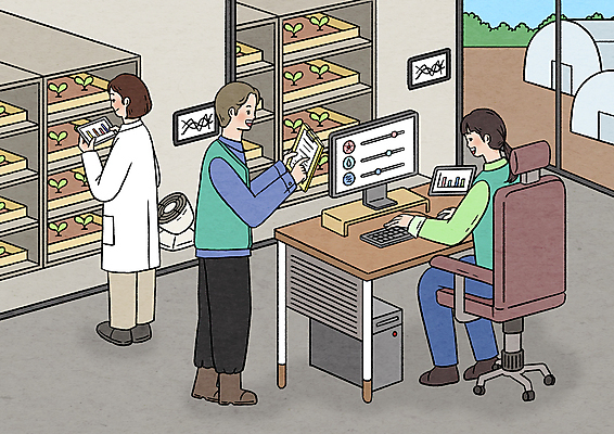 PSD 여자 남자 농업 의자 일러스트 관리 서기 들기 앉기 성인 세명 농작물 컴퓨터 태블릿 모니터 농사 가리킴 연구원 문서 서류판 성인만 스마트팜 국내일러스트 직업 산업 가구 모션 사람 손짓 전자제품 스마트기기 농장 사무용품 파일형식