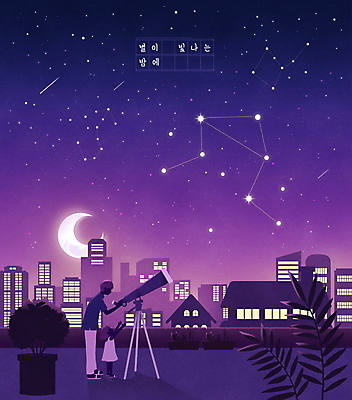 전신 PSD 여자 남자 딸 별 화분 일러스트 밤하늘 서기 소녀 빌딩 성인 두명 건물 손들기 보라색 별자리 도시 풀 아빠 야간 초승달 유성 옥상 달빛 감성 처녀자리 천칭자리 천체망원경 부녀 국내일러스트 자연요소 식물 건축물 어린이 컬러 컨셉 가족 모션 하늘 사람 망원경 달 파일형식