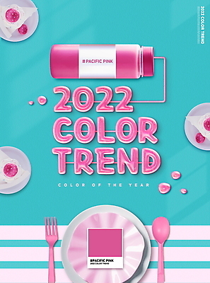 PSD 편집이미지 접시 분홍색 하늘색 포크 타이포그라피 사람없음 유행 숟가락 물방울 병 조각케이크 2022년 트렌드컬러 퍼시픽핑크 이미지편집 문자 식기 컬러 수저 파란색 케이크 연도 파일형식 트랜드컬러