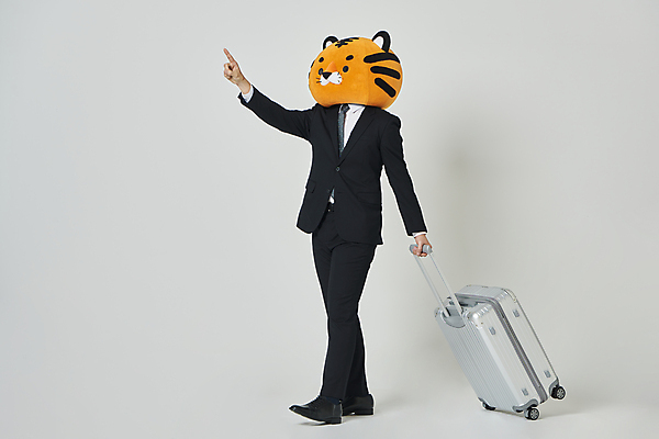 포토 JPG 스튜디오촬영 전신 남자 여행 회색배경 새해 실내 한명 정장 20대 성인 옆모습 여행객 걷기 캐리어 한국인 가리킴 잡기 비즈니스맨 호랑이띠 호랑이 호랑이캐릭터 동물탈 인형탈 성인남자한명만 2022년 임인년 국내포토 1 옷 뷰포인트 동물캐릭터 백그라운드 비즈니스 포유류 모션 사람 동양인 손짓 청년 내부 여행가방 회색 십이지신 직장인 연도 탈 남자한명만 성인남자만 파일형식