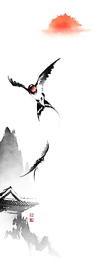 PSD 두마리 일러스트 캘리그라피 붓터치 산 한옥 기와집 사람없음 태양 일출 봄 비행 동양화 번짐 낙관 제비 국내일러스트 자연요소 한국전통 계절 고건축 2 조류 미술 노을 파일형식 효과