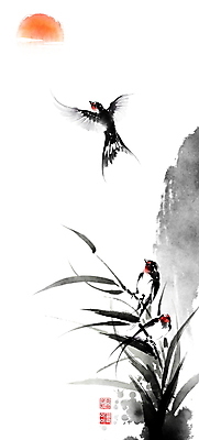 PSD 일러스트 캘리그라피 붓터치 산 세마리 갈대 앉기 사람없음 태양 봄 비행 풀 동양화 번짐 낙관 제비 국내일러스트 자연요소 식물 계절 모션 조류 3 미술 파일형식 효과