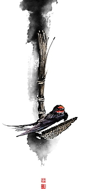 PSD 한마리 일러스트 캘리그라피 붓터치 휴식 전통소품 앉기 사람없음 봄 동양화 번짐 낙관 복조리 제비 국내일러스트 1 전통 계절 컨셉 모션 조류 미술 오브젝트 파일형식 효과