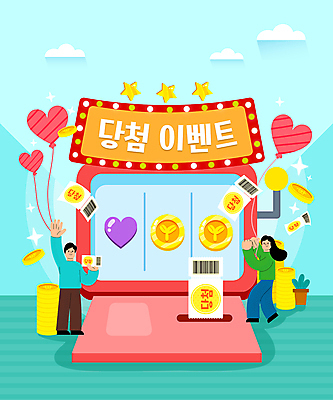 전신 구름 여자 남자 별 화분 하늘색 일러스트 서기 들기 이벤트 성인 두명 손들기 동전 하트 쿠폰 바코드 금화 손인사 하트풍선 당첨 동전탑 슬롯머신 성인만 국내일러스트 AI파일 자연요소 모양 돈 모션 사람 파란색 쌓기 인사 황금 풍선 파일형식 벡터