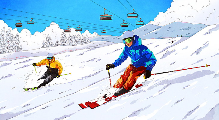 전신 PSD 구름 여자 남자 겨울 일러스트 하늘 스키 겨울스포츠 스키장 성인 두명 눈 잡기 스노우보드 헬멧 스키복 폴 스키고글 스키리프트 성인만 스키타기 설산 내려오기 국내일러스트 자연요소 옷 계절 스포츠 모션 날씨 산 사람 보드_스포츠 보호장비 리프트 스키용품 파일형식