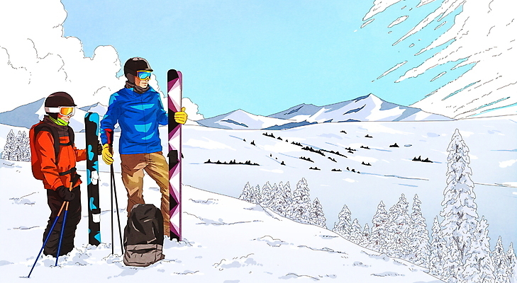 전신 PSD 나무 구름 응시 남자 어린이 겨울 일러스트 배낭 하늘 스키 겨울스포츠 스키장 고글 서기 풍경 소년 성인 두명 눈 잡기 스노우보드 헬멧 스키복 폴 부자지간 남자만 설산 국내일러스트 자연요소 식물 시선 옷 계절 아들 스포츠 가방 가족 모션 날씨 산 사람 보드_스포츠 아빠 보호장비 스키용품 파일형식