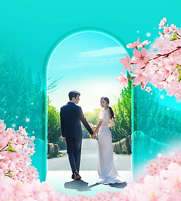전신 PSD 편집이미지 커플 여자 남자 길 웨딩드레스 결혼 봄꽃 하늘 사랑 정장 턱시도 20대 성인 두명 30대 걷기 손잡기 봄 한국인 벚꽃 뒤돌아보기 아치 민트색 신랑신부 성인만 이미지편집 드레스 옷 계절 꽃 감정 신부_웨딩 컬러 신랑 관계 모션 사람 동양인 이벤트 청년 장년 파일형식