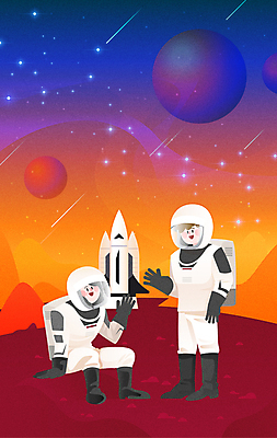 전신 여자 남자 별 일러스트 휴식 대화 서기 앉기 성인 두명 파란색 손들기 우주 주황색 행성 로켓 우주비행사 유성 우주선 우주복 우주개발 우주탐사 우주탐험 화성 성인만 국내일러스트 AI파일 자연요소 옷 컬러 컨셉 모션 말하기 사람 파일형식 벡터