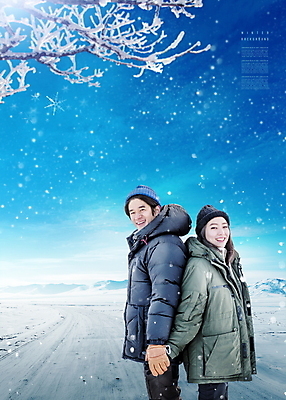 PSD 편집이미지 커플 여자 남자 겨울 하늘 눈꽃 미소 상반신 20대 성인 두명 30대 파란색 손잡기 한국인 등맞대기 나뭇가지 눈 성인만 이미지편집 자연요소 나무 계절 컬러 관계 모션 날씨 눈_날씨 표정 사람 동양인 청년 장년 파일형식