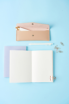 포토 JPG 스튜디오촬영 새해 실내 사람없음 하이앵글 연필 펜 다이어리 목표 계획 오브젝트 파란배경 클립 필통 서류집게 국내포토 뷰포인트 백그라운드 컨셉 학용품 집게 내부 파란색 필기구 사무용품 파일형식