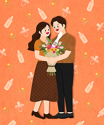 전신 여자 남자 꽃 행복 꽃다발 일러스트 엄마 남편 서기 들기 성인 두명 주황색 임산부 임신 기쁨 축하 아빠 젖병 노리개젖꼭지 임신테스트기 성인만 국내일러스트 AI파일 식물 감정 컬러 컨셉 가족 모션 사람 아기용품 의료용품 파일형식 벡터