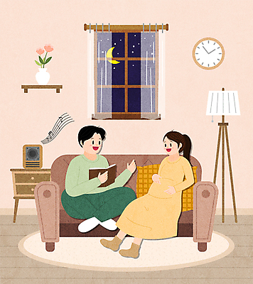 전신 여자 남자 음악 시계 일러스트 창문 엄마 들기 앉기 성인 두명 책 소파 독서 스피커 임산부 임신 스탠드 아빠 태교 베이지색 성인만 국내일러스트 AI파일 컬러 음향기기 의자 가족 모션 문화예술 조명 사람 파일형식 벡터