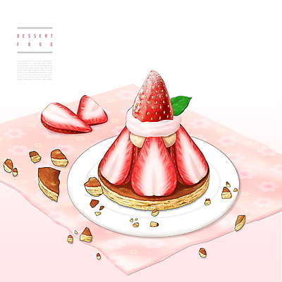 PSD 접시 분홍색 일러스트 딸기 디저트 사람없음 식탁보 생크림 슬라이스 부스러기 크레페 국내일러스트 식기 음식 컬러 과일 크림 파일형식