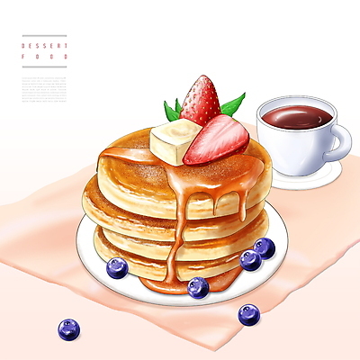 PSD 접시 커피 일러스트 딸기 디저트 사람없음 식탁보 커피잔 컵받침 블루베리 버터 팬케이크 메이플시럽 베이지색 국내일러스트 식기 음료 음식 컬러 과일 잔 케이크 받침대 시럽 파일형식