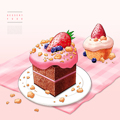 PSD 접시 분홍색 일러스트 딸기 디저트 사람없음 식탁보 생크림 블루베리 초코케이크 딸기타르트 부스러기 국내일러스트 식기 음식 컬러 과일 케이크 크림 타르트 파일형식