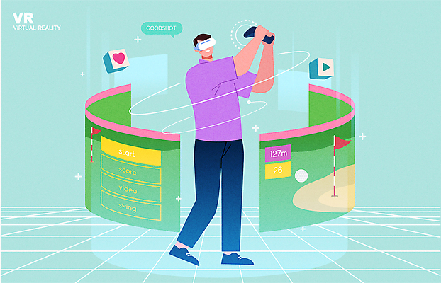 전신 남자 말풍선 골프 일러스트 한명 서기 들기 성인 스크린 게임 하트 스윙 리모컨 골프깃발 민트색 가상현실 성인남자한명만 VR기기 국내일러스트 AI파일 모양 1 컬러 포즈 모션 놀이 사람 구기 기계 깃발 남자한명만 성인남자만 파일형식 벡터