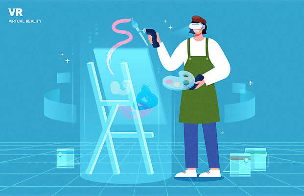 전신 여자 하늘색 일러스트 한명 서기 들기 성인 스크린 물감 붓 그리기 팔레트 리모컨 이젤 그림 페인트통 화가 홀로그램 가상현실 성인여자한명만 VR기기 국내일러스트 AI파일 직업 1 모션 통 사람 파란색 기계 페인트 미술도구 여자한명만 성인여자만 파일형식 벡터