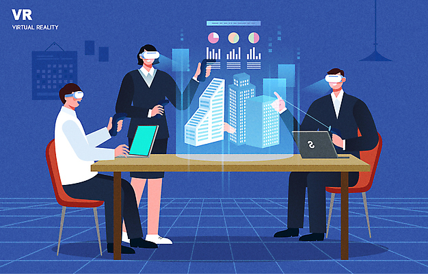 전신 여자 남자 의자 일러스트 회사 비즈니스 회의 그래프 서기 들기 앉기 정장 성인 건물 세명 파란색 노트북 업무 비즈니스맨 비즈니스우먼 리모컨 책상 홀로그램 가상현실 성인만 VR기기 국내일러스트 AI파일 건축물 옷 컬러 가구 모션 사람 전자제품 기계 작업 직장인 파일형식 벡터