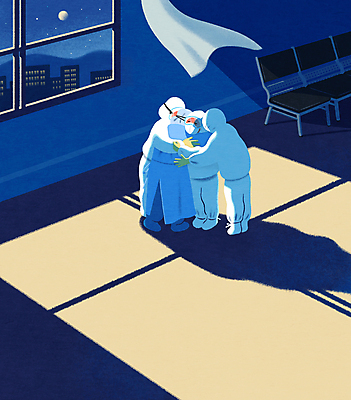 전신 PSD 여자 남자 일러스트 응원 안기 포옹 함께함 그림자 마스크 서기 여러명 성인 의료진 야간 남색 위로 성인만 코로나바이러스 방역복 방역사 델타변이바이러스 오미크론 국내일러스트 자연요소 직업 옷 컬러 다수 컨셉 의학 모션 사람 바이러스 방역 파일형식