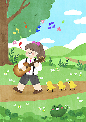 전신 PSD 나무 구름 여자 꽃 길 어린이 연주 음표 여러마리 일러스트 노래 하늘 산 병아리 개구리 한명 소녀 초원 새싹 걷기 눈감음 봄풍경 봄 기타 풀 즐거움 행진 소녀한명만 국내일러스트 자연요소 식물 1 기호 계절 감정 음악 다수 모션 조류 현악기 양서류 사람 풍경 여자한명만 소녀만 파일형식